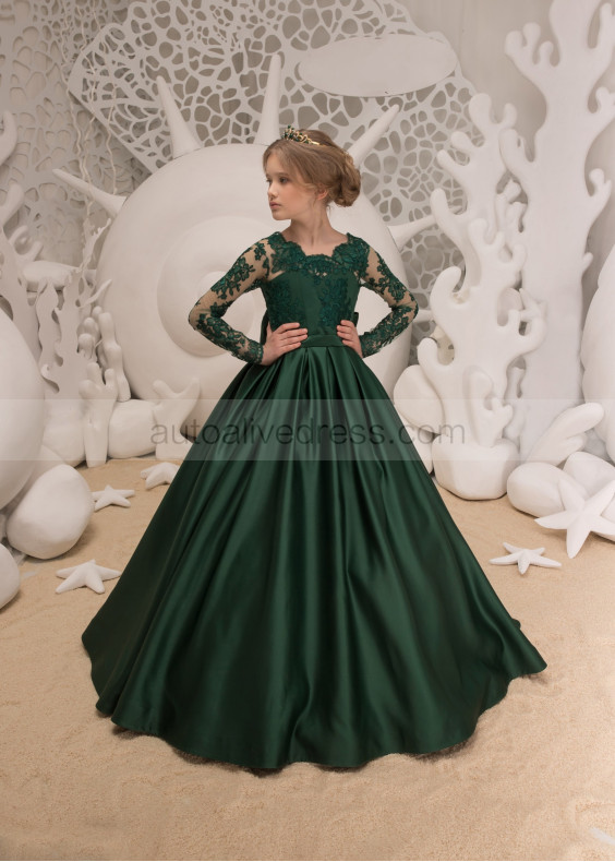 Long Sleeves Emerald Green Lace Satin Flower Girl Dress
